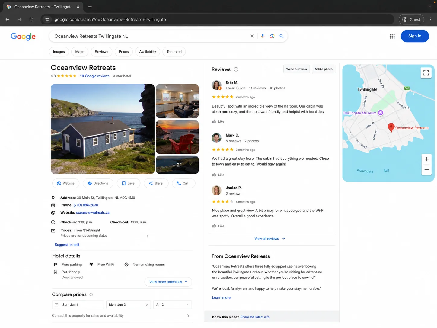 Mock Google-style business listing showing reviews, photos, contact details, and location information.