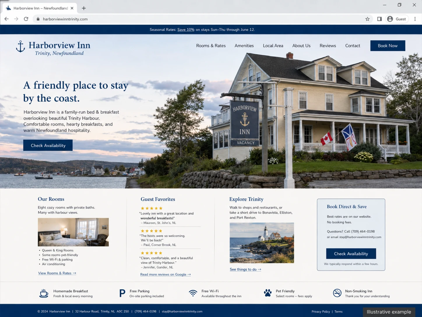 Mock website screen showing a Newfoundland accommodation homepage with property details and amenities.