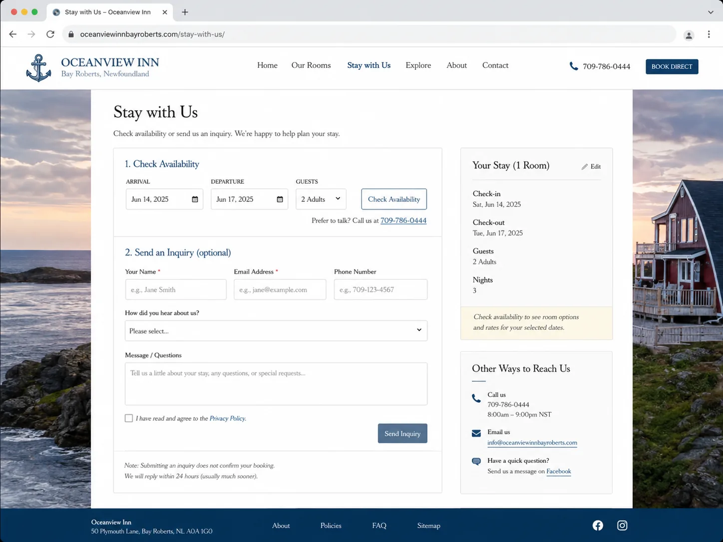 Mock booking and inquiry page showing dates, guest count, availability, and contact options.