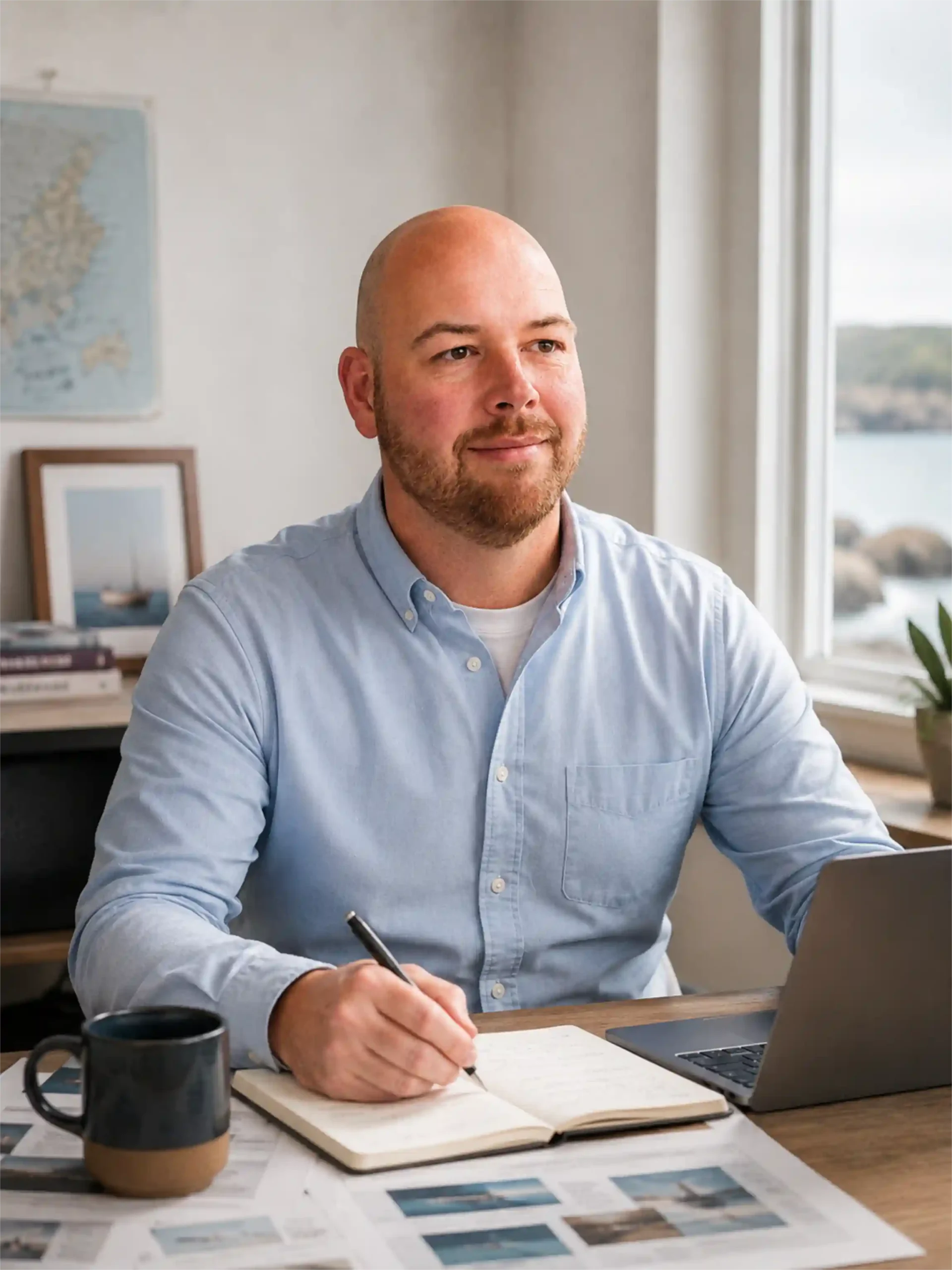 David Purchase working at a desk with website planning materials.
